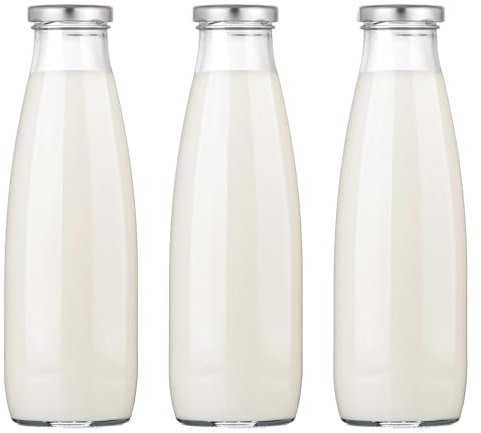 Danmu Art - 500ml Glass Milk Bottles with Lids -Retro Sliver Lids - Juice Milk Jam Airtight Storage Dispenser Bottles Set of 3