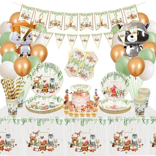 Woodland Baby Shower Decorations - Forest Animal Friends Fox Deer Bear Racoon Set Including Plates, Cups, Napkins, Tablecloth, Cake toppers, Balloons, Banner - Serve 20