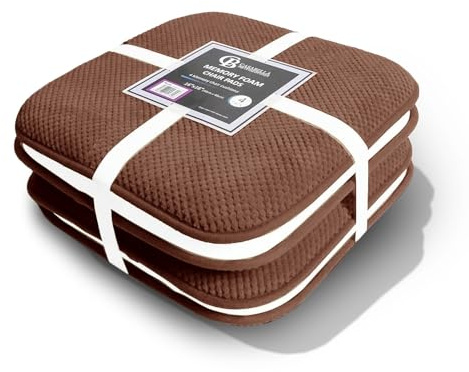 Casabella Memory Foam Chair Cushion Non Slip Back, Round Square Honeycomb Pattern Set of 4 Chair Pads,Durable Seat Cushions for Dinning Chairs, Office Desk & Patio-16x16 Brown Memory Foam Seat Cushion