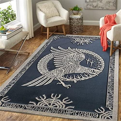Wohnzimmer Teppich Schlafzimmer Bettvorleger Wikinger Runen Totem keltischem Knoten Muster Flanell zottelig weich Teppiche für Kinderzimmer Anti-Rutsch Unterseite waschbarer Teppiche 160x230 cm