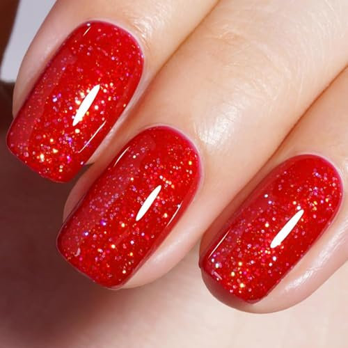 TOMICCA Glitter Gel Polish - Ruby Red Soak Off UV Gel with Chunky Glitter | UV Lamp Required, DIY Salon Manicure at Home, 15ml Long Lasting Starter Kit