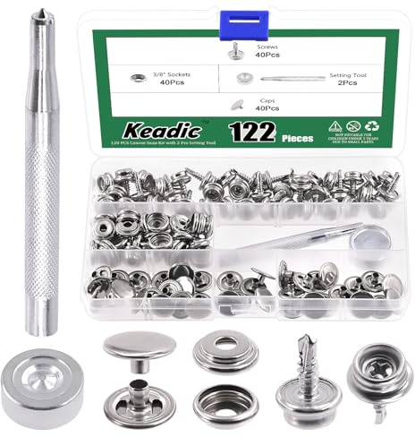 Keadic 122Pcs Marine Grade Canvas Snap Button Kit with Setting Tool, Stainless Steel Upholstery Boat Cover Snap Button Fastener for Tents Leather Boat Lawn Furniture