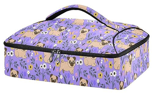 Kcldeci Isolierte Auflaufform Tragetasche mit Mops- und Blumenmotiv für heiße oder kalte Reisen, für Potluck-Partys, Picknick, Cookouts, Strand, mehrfarbig, Einheitsgröße, home