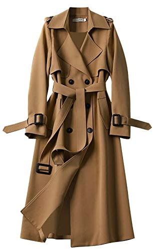 EMUKFD Trench lungo da donna con cintura leggero doppiopetto spolverino trench 2023 cappotto alla moda classico capispalla colletto con risvolto giacca a vento cappotto invernale autunno, cachi, XL