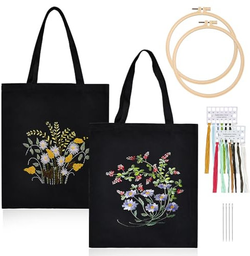 Vegena Canvas Tote Bag Stickset, 2 Sätze Stickset Tasche, Schwarze Stickset Tragetasche Mit Stickerei Tasche, Stickrahmen, Farbfäden, Werkzeug Und Anleitungen, Embroidery Kit Für DIY-Bastelarbeiten