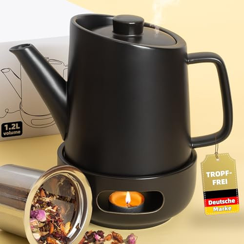 DEKAZIA® Teiera in ceramica con filtro e scaldavivande - Grande teiera per tè sfuso, 1,2 litri in porcellana, con filtro in acciaio inox e supporto per tealight, gres nero