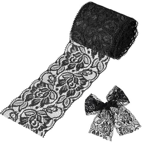 Schwarz Spitzenband, 6.5cm Wide 4.5m Long Elastischer Spitzenstoff Vintage Blumenmuster Spitzenborte für Nähen, Bastelarbeiten, Hochzeit, Geschenkverpackungen
