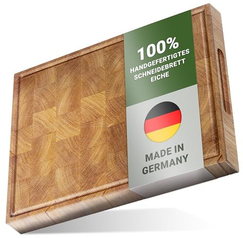 COM4DESIGN® Stirnholz Schneidebrett Eiche [mit Liebe Handgefertigt in Deutschland] 40 cm x 30 cm x 4 cm | Für Jeden die Richtige Ausführung | Hirnholz Hackbrett Holz Gross | Hackblock Eichenholz