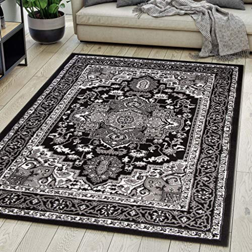 Carpeto Rugs Teppich Orientalisch Schwarz Klassisch Muster Kurzflor Öko-Tex Wohnzimmer 80 x 150 cm