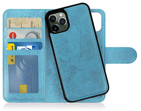 MyGadget Flip Case für iPhone 11 Pro - [ abnehmbare Magnet Hülle ] - Handyhülle aus Kunstleder - [ Klapphülle mit Kartenfach ] Schutzhülle in Hellblau