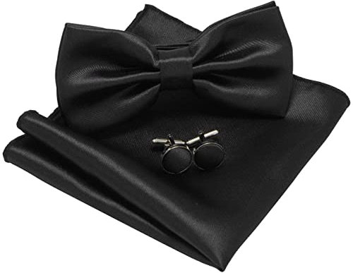 JEMYGINS Fliege Herren Schwarz 3 Satin Zweifach Gefaltet und Einstecktuch mit Manschettenknöpfe Sets(3)
