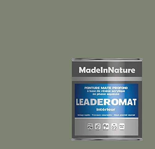Peinture murale Mat Acrylique, Intérieur, application facile, très opacifiant, séchage rapide couleurs aux choix,de MadeInNature® (4 litres pour 32 m², soit 16 m² pour 2 couches, 9 Vert de gris)