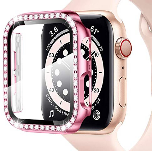 Miimall Kompatibel mit Apple Watch Series 6/SE/5/4 40mm Hülle mit mit Glas Displayschutz, Strass Glitzer Harter PC Schutzhülle Kratzfest Schutzfolie Schutz Case für iWatch Serie 5/4 - Rosa