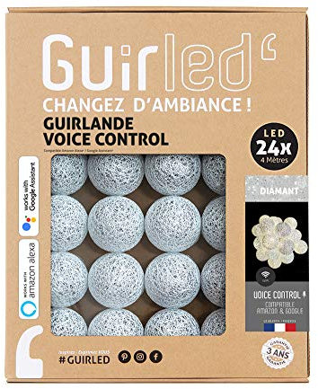 GuirLED - LED Baumwollkugeln Lichterkette WIFI USB - Sprachsteuerung - Connected Home - Amazon Alexa & Google Assistant - 2xUSB-Netzadapter enthalten - 24 Kugeln 2,4m - Diamant