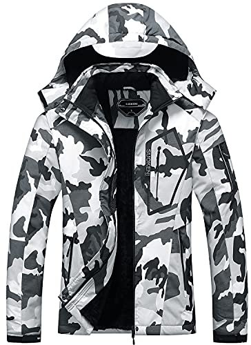SUOKENI Damen Wasserdicht Warm Winter Schneemantel Kapuze Regenmantel Ski Snowboard Jacke, Schwarz Camouflage, S