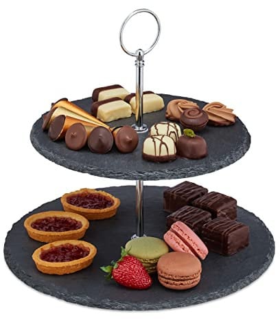 Relaxdays Etagere, 2 Etagen, Schiefer, Kuchen, Snacks, Obst, Metallgriff, Servierständer, HxD 23x25 cm, anthrazit/silber, 1 Stück