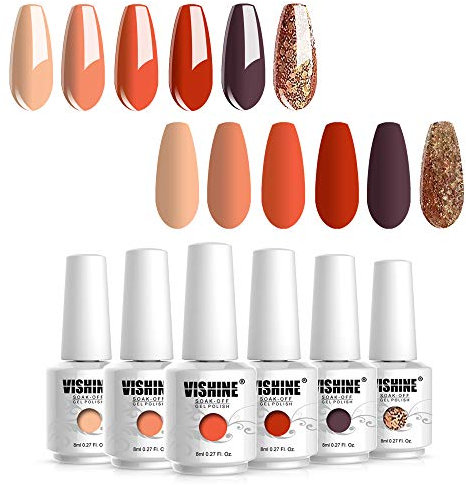 Vishine Gel Nail Polish Set, Nude Orange Glitter Gel Polish Kit Soak Off Led Lamp Required Nail Gel Polish Kit Nail Art 8ml