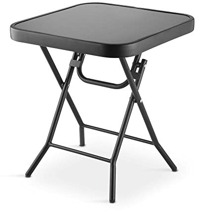 Silver & Stone Folding Side Table with Glass Top – Versatile Small Outdoor Coffee Table, Perfect for Garden, Patio, Home Furniture (Black, 40cm x 40cm x 46cm)