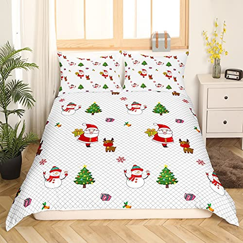 Homewish Kinder Cartoon Weihnachten Bettbezug 135x200 Weihnachtsmann Bettwäsche Set Santa Cam Netter Hirsch Schneemann Weihnachtsbaum Winter Thema Trösterbezug Weiß Jungen Mädchen Kariertes Muster
