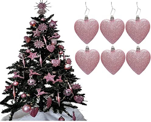 Simply Products 6 Herzkugeln - Tolle Christbaumschmuck Glitzer Herz Kugeln (Blush (Pink Glitter)