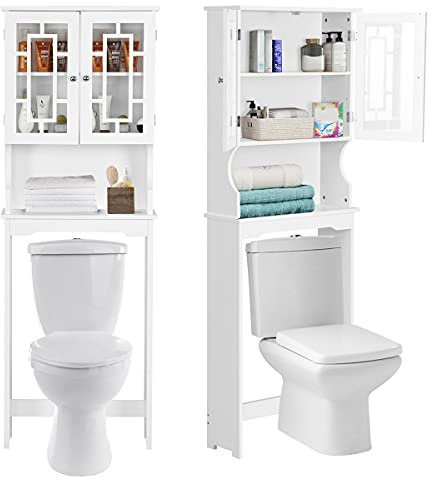 RELAX4LIFE Estantería sobre Inodoro de 3 Niveles con Estante Ajustable y Puertas Dobles, Armario de Baño de Madera con Cierre Magnético, Estante de Almacenamiento para Baño y Lavandería, Blanco