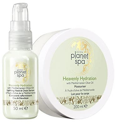 Avon Planet Spa Heavenly Hydration Körperpflege-Set mit mediterranem Olivenöl Körpercreme 200ml + Hals Dekollete Serum 50ml