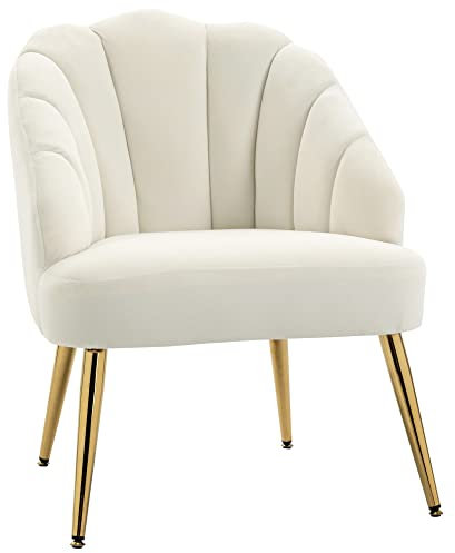 HOMCOM Poltrona Imbottita con Schienale a Conchiglia, Poltroncina da Camera e Salotto in Velluto con Gambe Dorate, per Camera da Letto e Soggiorno, Crema