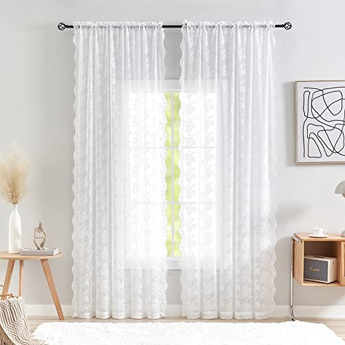 YJ YANJUN Net Curtains 90 Drop Pair White Vintage Luxury Floral Lace Net Curtain for Doors or patio French Themed Décor 132cm Width x 229cm Drop (52x 90)