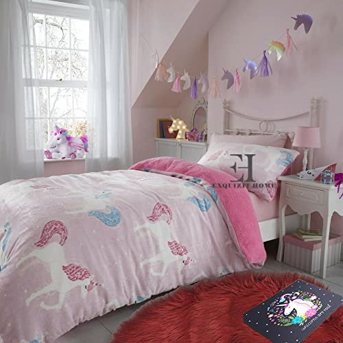 EXQUIZIT HOME Teddybär-Fleece-Einhorn-Bettwäsche-Set, Bettdecke, Bettbezug mit passendem Kissenbezug, warm, gemütlich, Winter, Kinder, Einhorn, Rosa, Doppelbett: ca. 200 x 200 cm