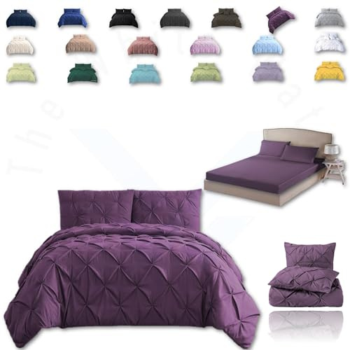 TheWhiteWater Duvet Set - 2/3 in 1 Bedding Set - Duvet Cover + Matching Pillowcases + Fitted Bed Sheets - NPolycotton Pintuck Cover (Purple Plump Shade, 3 in 1 Bedding Set - Super King)