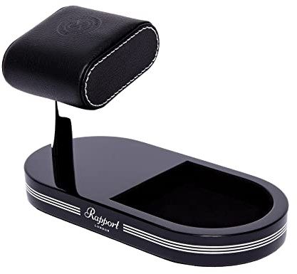 Rapport, Luxuriöser Uhrenständer mit Ablageschale für Manschettenknöpfe, Schmuck, Airpods, Schwarz und Silber, Premium-Vollnarbenlederkissen, elegante Aufbewahrung