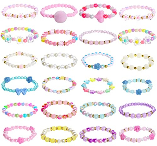 Dxhycc 24 Pieces Princess Bracelets Girls Beaded Bracelets Little Girls Costume Jewelry Set for Birthday Party Favors