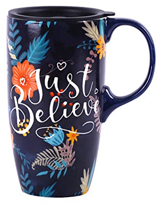 Topadorn Ceramic Travel Mug with Lid and Handle,17oz. Tall Coffee Cup for Home, Party and Birthday, Just Believe