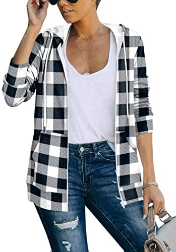 Damen Hoodies Zip Up Plaid Jacke Langarm Casual S