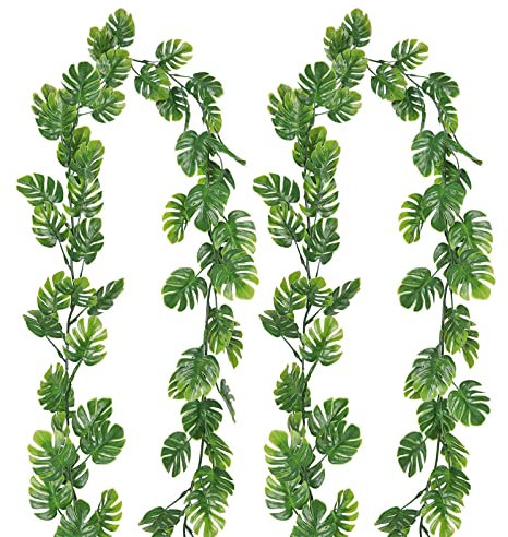 RECUTMS Artificial Monstera Leaf Vines Fake Hanging Plants Ivy Palm Leaves Garland Faux Tropical Greenery 2Pcs 5.9FT for Garden Porch Patio Jungle Luau Party Beach Birthday Indoor Outdoor Décor