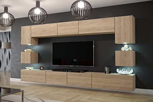Furnitech Wohnwand Wohnzimmer Möbel (Sonoma Eiche) mit LED Blau - Hängend Wohnzimmerwand Modern - Schrankwand mit Regale und TV Schrank (Nowara AN1-17S-M50 1C)