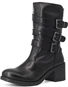 QUEEN HELENA Stivali Biker Stivaletti di Pelle con Tacco Zip Laterale Fibbia Donna S259 (Nero, numeric_38)