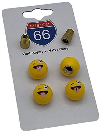 4er Set Ventilkappen + 2 Fahrradadapter - Smiley Zwinkerzunge - für jedes Auto, Motorrad und Fahrrad geeignet