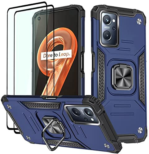 KANSi Hülle für Realme 9i / Oppo A76 / Oppo A96, Schutzfolie [2 Stück] Silikon TPU Hart PC Handy Hüllen 360 Grad Drehbar Ringhalter Bumper Stoßdämpfung Schutzhülle - Blau