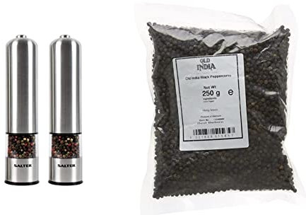 Salter 7722 SSTURA Electric Salt and Pepper Grinder Set, Electronic Spice Mills, One Handed Operation, Battery Powered, Salt Crystals/Peppercorns & Old India Black Peppercorns 250 g