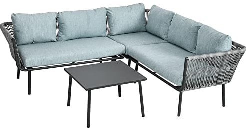 Outsunny 4 TLG. Rattan Gartenmöbel-Set, Sitzgarnitur mit Kissen, Sitzgruppe mit 2 Doppelsofas, 1 Ecksofa, 1 Couchtisch, Gartengarnitur für Balkon, Terrasse, Alu+Polyester, Grau