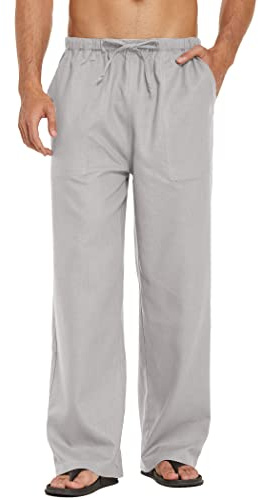 COOFANDY Herren Leinenhose mit Tunnelzug Leicht Sommerhose Freizeithose Sommer Strandhosen Leinen Herrenhose mit Tasche Grau L