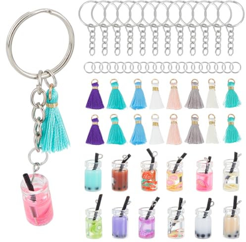 OLYCRAFT 60pcs Bubble Tea Kit - Colorful Boba Keychain Making Kit with Milk Tea Cup Pendants, Tassels & Rings for DIY Jewelry