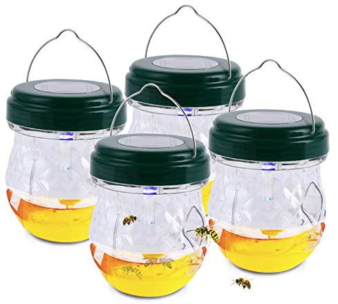 Wespenfalle Mit Solar UV Licht Für Draussen, Wespenfallen Zum Aufhängen Für Draußen, Wespenfalle Flasche Lebend, Insektenfalle Bienenfalle Außen, Für Füllung Wespen Abwehr Lockstoff Flüssig (4* Grün)