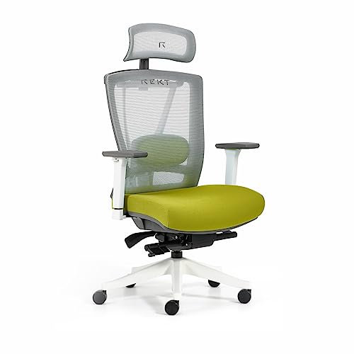 REKT Office-R - Chaise de Bureau Ergonomique - 12 régalges - Fauteuil de Bureau avec Support Lombaire - Appuie tête - Profondeur d'assise - Assise 55Kg/M3 Confort (Blanc/Vert)