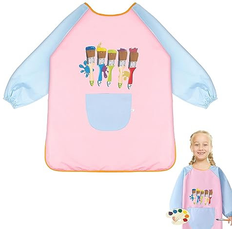 TERJBG Malschürze Kinder, Wasserdicht Kinder Malkittel, Malkittel Kinder 7 Jahre, Einstellbar Bastelschürze für Kinder 5-11 Jahre Mädchen/Junge mit Ärmeln und Big Taschen für Schule Kunst Malerei