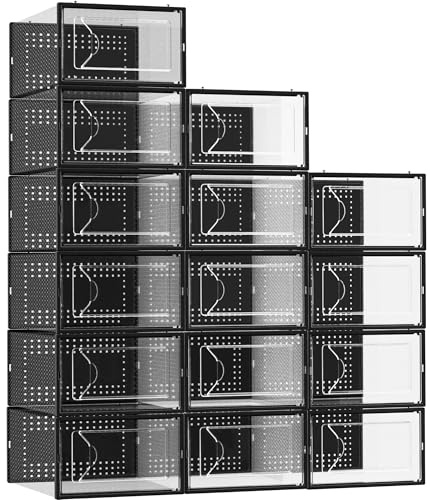 Foluck Shoe Storage Box, 15 Pack Clear Plastic Stackable Shoe Organizer for Closet, Interlocking Design for Sneakers, Foldable Shoes Container Rack with Lids, Black