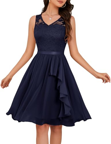 Meetjen Prom Dress Short Lace Chiffon Cocktail V Neck Sleeveless A-line 2026 Formal Dresses for Wedding Party Navy XL