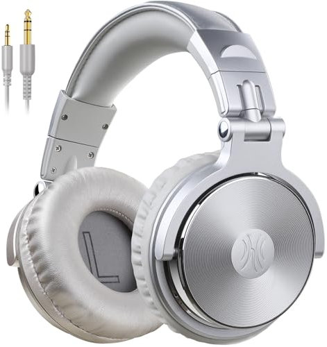 OneOdio Over Ear Kopfhörer mit Kabel, 50mm Treiber, Bassklang, 6.35 & 3.5mm Klinke, Share-Port, Geschlossene DJ Headphones für Studio, Podcast, Monitor, Handy, PC, MP3/4 (Pro-10 Silber Grau)