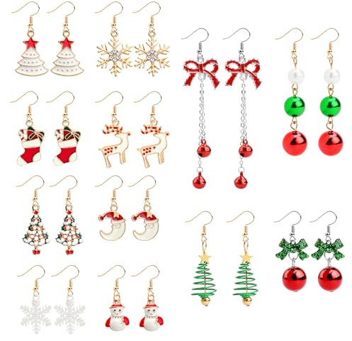 12 Paar Weihnachtsohrringe für Frauen Funkelnde Weihnachtsbaum Schneeflocke Ohrringe Xmas Ohrringe Weihnachten Tropfen Baumeln Ohrringe Set für Frauen Mädchen, Zink